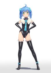 Rule 34 | &gt;:), 1girl, ahoge, blue hair, boots, capelet, commentary request, elbow gloves, frills, full body, gloves, gradient background, green eyes, hair ribbon, hands on own hips, high heels, highres, latex, latex boots, latex gloves, latex leotard, leotard, looking at viewer, original, purinpu, ribbon, shadow, shiny clothes, short twintails, skin tight, smile, solo, standing, thigh boots, thighhighs, twintails