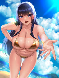 Rule 34 | 1girl, bare shoulders, beach, bikini, blue sky, blush, breasts, cleavage, collarbone, commission, gold bikini, highres, kisaragi tsurugi, large breasts, leaning forward, long hair, looking at viewer, navel, open mouth, original, outstretched arm, pixiv commission, purple eyes, purple hair, shore, sky, smile, solo, swimsuit, thighs