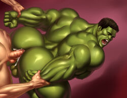 2boys absurdres anal arms_behind_back ass avengers_(series) bara black_hair bruce_banner closed_eyes colored_skin cum ejaculating_while_penetrated ejaculation erection green_skin highres holding_another&#039;s_wrist huge_ass hulk large_pectorals lyttav male_focus male_penetrated marvel moaning multiple_boys muscular muscular_male nipples open_mouth pectorals penis sex sex_from_behind short_hair solo_focus testicles thick_thighs thighs yaoi