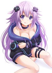 Rule 34 | 10s, 1girl, :3, :q, adult neptune, bare shoulders, between legs, blush, breasts, cleavage, clenched hand, collar, collarbone, d-pad, female focus, hair ornament, hand between legs, highres, holster, hood, hooded track jacket, hoodie, jacket, kazenokaze, large breasts, licking lips, long hair, long sleeves, looking at viewer, neptune (neptunia), neptune (series), purple eyes, purple hair, shin jigen game neptune vii, sitting, smile, solo, thigh holster, thigh strap, tongue, tongue out, track jacket, very long hair, white background