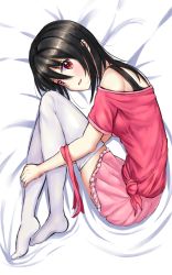 Rule 34 | 10s, 1girl, bed sheet, black hair, fetal position, full body, gradient background, hair between eyes, hair down, highres, hugging own legs, i.f.s.f, long hair, love live!, love live! school idol project, lying, no shoes, off-shoulder shirt, off shoulder, on side, open mouth, pink ribbon, pink skirt, plantar flexion, red eyes, ribbon, shirt, skirt, solo, thighhighs, tied shirt, white thighhighs, yazawa nico