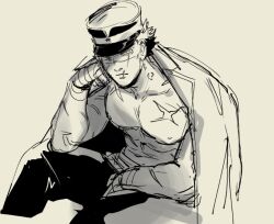 Rule 34 | 1boy, aoi (husiginokuninoa), bara, bare pectorals, cropped legs, golden kamuy, greyscale, hat, hat over one eye, jacket, jacket on shoulders, kepi, large pectorals, looking at viewer, male focus, military hat, monochrome, muscular, muscular male, pectorals, scar, scar on chest, scar on face, scar on mouth, scar on nose, short hair, sitting, sketch, solo, sugimoto saichi