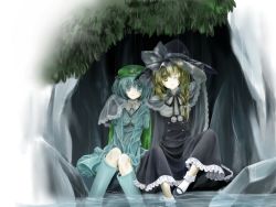 Rule 34 | 2girls, black hat, boots, braid, female focus, green hat, hat, kawashiro nitori, kirisame marisa, knees together feet apart, leaning on person, momoiro, multiple girls, plant, pocket, pom pom (clothes), rain, rubber boots, shared cape, shared clothes, side-by-side, side braid, single braid, sitting, socks, touhou, two side up, water, white legwear