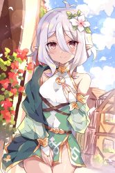 Rule 34 | 1girl, antenna hair, belt, blush, bob cut, bridal gauntlets, building, cape, cloud, cowboy shot, detached sleeves, dress, flower, hair flower, hair ornament, highres, kokkoro (princess connect!), looking at viewer, pointy ears, pontolfo, princess connect!, sleeveless, sleeveless dress, smile, solo, split mouth, translation request, white hair, yellow eyes
