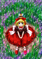 Rule 34 | 1girl, blonde hair, blue eyes, bow, doll, female focus, flower, full body, hair bow, huyusilver, lily of the valley, looking at viewer, looking up, medicine melancholy, nature, official style, open mouth, outdoors, plant, puffy sleeves, shoes, short hair, short sleeves, sitting, skirt, smile, solo, su-san, touhou, zun (style)