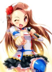 Rule 34 | 1girl, backlighting, blush, brown hair, choker, flower, hair flower, hair ornament, hairband, idol, idolmaster, idolmaster (classic), idolmaster movie, leg up, long hair, looking at viewer, microphone, minase iori, one eye closed, open mouth, pointing, pointing at viewer, purple eyes, smile, solo, sweat, thighhighs, white background, wink, zen
