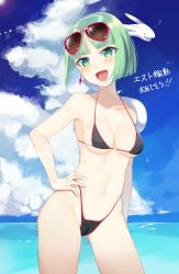 Rule 34 | 1girl, bikini, blush, bob cut, breasts, cleavage, cloud, earrings, green eyes, green hair, highres, jewelry, lens flare, looking at viewer, musical note, navel, phonon (under night in-birth), micro bikini, smile, snake, sunglasses, sunglasses on head, swimsuit, tagme, thighs, translation request, under night in-birth, underboob, water, white snake, yusano