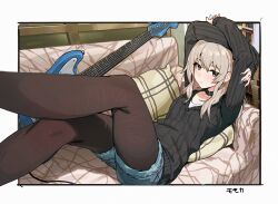 Rule 34 | 1girl, absurdres, arms up, black choker, black pantyhose, black sweater, blue shorts, blush, border, choker, closed mouth, commentary, couch, electric guitar, fender jazzmaster, girls band cry, grey eyes, grey hair, guitar, highres, holding, holding plectrum, indoors, instrument, kawaragi momoka, long hair, long sleeves, looking at viewer, lying, on back, outside border, pantyhose, pantyhose under shorts, pillow, plectrum, r1zen, shorts, sleeves past wrists, solo, sweater, translated, white border