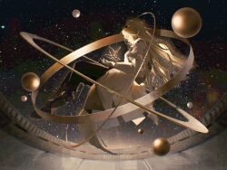 Rule 34 | 1girl, arknights, armillary sphere, black pants, blonde hair, chinese commentary, commentary request, from side, full body, hands up, kristen (arknights), kojimarie, lab coat, light smile, long hair, looking down, night, night sky, orbital path, pants, planet, profile, sky, solar system, solo, star (sky), starry sky, wavy hair