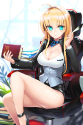 Rule 34 | 1girl, ahoge, bare legs, blonde hair, blue flower, blue rose, book, breasts, chair, choker, cleavage, flower, green eyes, helena k sink, highres, holding, holding book, large breasts, legs, long hair, long legs, looking at viewer, miniskirt, quill, rose, shiny skin, sitting, skindentation, skirt, snowball22, solo, sword girls, thighs