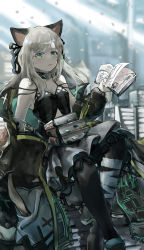 Rule 34 | 1girl, absurdres, animal ears, arknights, bandaged leg, bandages, black ribbon, book, book stack, camisole, cat ears, commentary, grey eyes, grey skirt, hair ribbon, highres, holding, holding book, infection monitor (arknights), long hair, mint (arknights), mint (elite ii) (arknights), revision, ribbon, silver hair, skirt, solo, vyragami