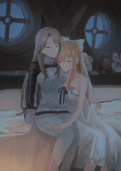 Rule 34 | 2girls, absurdres, bare arms, bare shoulders, bed, blush, breasts, brown hair, chihuri, closed eyes, closed mouth, collarbone, commentary request, dress, earrings, granblue fantasy, grey pants, grey shirt, hair between eyes, highres, indoors, jewelry, katalina (granblue fantasy), light brown hair, long hair, long sleeves, medium breasts, multiple girls, neck ribbon, on bed, pants, parted bangs, red ribbon, ribbon, round window, shirt, sitting, sleeveless, sleeveless dress, smile, stuffed animal, stuffed duck, stuffed sheep, stuffed toy, teddy bear, very long hair, vira (granblue fantasy), white dress, window, yuri
