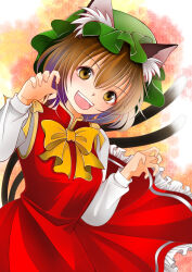 1girl :d animal_ears bow bowtie brown_eyes brown_hair cat_ears cat_tail chen claw_pose commentary_request double-parted_bangs gold_trim hands_up hat highres looking_at_viewer mancokapa9 mob_cap multiple_tails nekomata open_mouth red_skirt red_vest short_hair skirt skirt_set smile solo tail teeth touhou two_tails upper_teeth_only vest yellow_bow yellow_bowtie