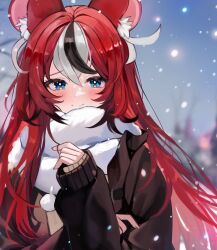 Rule 34 | 1girl, animal ear fluff, animal ears, black hair, black jacket, blue eyes, blurry, blush, bokeh, commentary, depth of field, english commentary, hair between eyes, hakos baelz, highres, hololive, hololive english, jacket, long hair, long sleeves, looking at viewer, mouse ears, multicolored hair, red hair, scarf, sleeves past wrists, smile, snow, solo, soradally, streaked hair, upper body, very long hair, virtual youtuber, white hair, winter