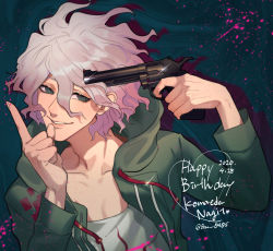 Rule 34 | 1boy, baru (bar 0405), blood, character name, coat, collarbone, commentary request, danganronpa (series), danganronpa 2: goodbye despair, dated, finger on trigger, green background, green coat, green eyes, grey eyes, grey hair, gun, hair between eyes, handgun, hands up, happy birthday, highres, holding, holding gun, holding weapon, hood, hooded coat, index finger raised, komaeda nagito, long sleeves, looking at viewer, male focus, messy hair, multicolored background, open clothes, open coat, parted lips, pink blood, print shirt, shirt, short hair, smile, solo, teeth, upper body, weapon, white hair
