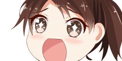 Rule 34 | 10s, 1girl, brown hair, eyebrows, gradient eyes, kantai collection, looking at viewer, multicolored eyes, nahaki, open mouth, ponytail, portrait, shikinami (kancolle), simple background, sin-poi, solo, sparkling eyes, white background