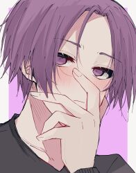 Rule 34 | 1boy, black shirt, blue lock, blush, closed mouth, hand on own face, hand up, highres, long sleeves, looking at viewer, male focus, mikage reo, natsuneco 02, portrait, purple background, purple eyes, purple hair, shirt, short hair, solo