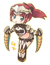 Rule 34 | 1girl, armor, armored boots, bikini armor, blush, boots, brown shirt, chibi, commentary request, dagger, emurin, full body, gauntlets, green eyes, guillotine cross (ragnarok online), holding, holding dagger, holding knife, holding weapon, knife, long hair, looking at viewer, midriff, navel, open mouth, pauldrons, ponytail, ragnarok online, red hair, shirt, shoulder armor, shrug (clothing), simple background, solo, visor (armor), weapon, white background