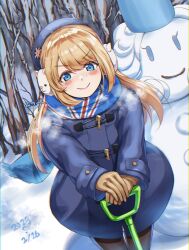 Rule 34 | 1girl, bare tree, beret, black pantyhose, blonde hair, blue coat, blue eyes, blue hat, blue scarf, blush, brown gloves, character snowman, closed mouth, coat, dated, earmuffs, gloves, hat, highres, janus (kancolle), jervis (kancolle), kantai collection, long hair, long sleeves, pantyhose, sabakuomoto, scarf, shovel, smile, snow, snowman, solo, tree, union jack