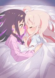 Rule 34 | 2girls, absurdres, ahoge, black hair, blush, brown eyes, closed eyes, commentary, face-to-face, forehead-to-forehead, genderswap, genderswap (mtf), hair down, hair spread out, heads together, highres, holding hands, light smile, long hair, long sleeves, looking at another, lying, mochitsuki kagami, multiple girls, on side, onii-chan wa oshimai!, oyama mahiro, oyama mihari, pajamas, pink hair, pink pajamas, purple hair, shirt, short sleeves, sleeping, t-shirt, under covers, white shirt