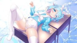 Rule 34 | 1girl, absurdres, arona (blue archive), ass, blue archive, blue eyes, blue hair, blue shirt, blush, bow, braid, cameltoe, covered navel, desk, hair bow, hair over one eye, highres, knee up, legs, long sleeves, lying, natsumiya yuzu, no pants, no shoes, old school swimsuit, on back, on desk, one-piece swimsuit, ribbon, school swimsuit, school uniform, serafuku, shirt, short hair, smile, solo, spread legs, swimsuit, swimsuit under clothes, thighhighs, thighs, white one-piece swimsuit, white thighhighs