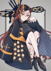 Rule 34 | 1girl, 625chin, black dress, black footwear, black hat, black jacket, black nails, brown eyes, brown hair, buttons, closed mouth, commentary request, crossed legs, dorothea coyett, dress, fate/samurai remnant, fate (series), fingernails, grey background, hat, highres, invisible chair, jacket, jacket on shoulders, leg tattoo, long hair, long sleeves, looking at viewer, shoes, simple background, sitting, smile, solo, tattoo