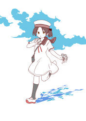 Rule 34 | 1girl, absurdres, aged down, bag, blue sky, brown eyes, brown hair, brown sailor collar, cloud, depth charge, dress, full body, hat, highres, kantai collection, madmag1990, running, sailor collar, sailor dress, sailor hat, shikinami (kancolle), shoes, short hair, sky, solo, uwabaki, water, white hat