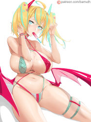 Rule 34 | 1girl, ahoge, bamuth, bikini, blonde hair, bracelet, breasts, cleavage, criss-cross halter, demon horns, demon wings, eating, food, green eyes, green hair, green nails, hair ornament, halterneck, highres, horns, jewelry, large breasts, mole, mole on breast, multicolored bikini, multicolored clothes, multicolored hair, nail polish, navel, original, patreon username, pink nails, popsicle, short hair, sitting, skindentation, solo, star (symbol), star hair ornament, swimsuit, thigh strap, thighs, twintails, two-tone hair, wings