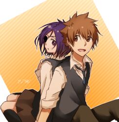 Rule 34 | 1boy, 1girl, black vest, blue necktie, brown eyes, brown hair, brown skirt, chrome dokuro, collared shirt, commentary request, eyepatch, katekyo hitman reborn!, looking at another, looking to the side, masaki 729, necktie, one eye covered, open mouth, pants, pointy hair, purple eyes, purple hair, sawada tsunayoshi, school uniform, shirt, skirt, smile, vest, white shirt
