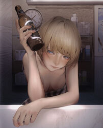 Rule 34 | 1girl, absurdres, arm rest, bare shoulders, beer bottle, blonde hair, blue eyes, blush, bottle, bra, bra peek, breasts, clock, cosmetics, cup, downblouse, drunk, expressionless, foreshortening, highres, holding, holding bottle, indoors, leaning forward, looking at viewer, mikasamu, mole, mole under eye, no bra, original, procreate (medium), short hair, small breasts, solo, underwear, wall clock