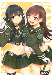 Rule 34 | 2girls, absurdres, adapted costume, arm hug, black hair, blue eyes, braid, brown eyes, brown hair, cowboy shot, crop top, drooling, gloves, heart, heart-shaped pupils, highres, horosuke, kantai collection, kitakami (kancolle), long hair, looking at viewer, midriff, miniskirt, multiple girls, navel, ooi (kancolle), race queen, scan, shiny skin, simple background, single thighhigh, skirt, stomach, symbol-shaped pupils, thighhighs, white gloves, yellow background, yuri