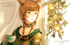 Rule 34 | 1girl, animal ears, braid, brown choker, brown hair, cat ears, choker, closed mouth, collarbone, copyright name, cup, curtains, earrings, facial mark, final fantasy, final fantasy xiv, green eyes, hand up, highres, holding, holding cup, jewelry, kuroimori, long hair, miqo&#039;te, open window, solo, teacup, twin braids, upper body, window