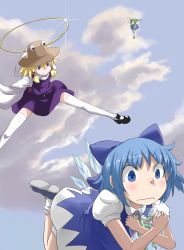 Rule 34 | 3girls, absurdres, blue dress, blue eyes, blue hair, blue sky, bow, cirno, cloud, commentary, daiyousei, day, dress, fairy wings, flying teardrops, frog, frozen, frozen frog, glint, green hair, hair bow, hair ribbon, hat, highres, hoop, ice, ice wings, long sleeves, moriya&#039;s iron rings, moriya suwako, multiple girls, open mouth, outstretched arm, outstretched hand, puffy sleeves, ribbon, shirt, short sleeves, side ponytail, skirt, skirt set, sky, snot, tears, thighhighs, touhou, vest, white legwear, wide sleeves, wings, zettai ryouiki, zk (zk gundan)