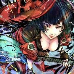 Rule 34 | 1girl, bent over, black feathers, black gloves, black hair, black shirt, boots, breasts, cleavage, collarbone, electric guitar, feathers, fingerless gloves, gloves, guilty gear, guilty gear strive, guitar, hat, highres, holding, holding guitar, holding instrument, i-no, illustica phantom, instrument, jacket, large breasts, mole, red footwear, red hat, red jacket, red lips, shirt, short hair, solo, thigh boots, witch hat