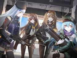 Rule 34 | 404 (girls&#039; frontline), 4girls, absurdres, armband, assault rifle, beret, black bow, black hat, black jacket, black legwear, black ribbon, black shorts, blush, bow, brown eyes, brown hair, bug (yue391671435), bullpup, caseless firearm, closed mouth, clothing cutout, coat, crossed bangs, finger to mouth, fingerless gloves, g11 (girls&#039; frontline), girls&#039; frontline, gloves, green eyes, green hat, green jacket, grey hair, gun, h&amp;k g11, h&amp;k hk416, h&amp;k ump, hair ornament, hairclip, hand on own cheek, hand on own face, hat, heckler &amp; koch, highres, hk416 (girls&#039; frontline), holding, holding gun, holding weapon, hood, hood down, hooded jacket, horizontal magazine, huge filesize, jacket, knee pads, long hair, looking at viewer, magazine (weapon), messy hair, multiple girls, one side up, open clothes, open coat, open jacket, pantyhose, personification, plaid, plaid skirt, red eyes, ribbon, rifle, scar, scar across eye, scar on face, scarf on head, shirt, shorts, shoulder cutout, skirt, smile, submachine gun, teardrop, thighhighs, ump45 (girls&#039; frontline), ump9 (girls&#039; frontline), weapon, white shirt, zettai ryouiki