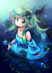 Rule 34 | 1girl, ahoge, blue dress, blue sleeves, blush, branch, breasts, commentary request, dress, emurin, expressionless, full body, green eyes, grey hair, head wreath, highres, leaf, long hair, looking at viewer, monster strike, open mouth, pointy ears, small breasts, solo, strapless, strapless dress, yggdrasill (monster strike)