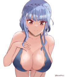 Rule 34 | 1girl, absurdres, artist name, bare shoulders, bikini, blue bikini, blue hair, breasts, brown eyes, cleavage, closed mouth, collarbone, daymandraws, female focus, fire emblem, fire emblem: three houses, fire emblem heroes, highres, large breasts, leaning forward, long hair, looking at viewer, marianne von edmund, marianne von edmund (summer), nintendo, official alternate costume, sidelocks, simple background, smile, solo, swimsuit, white background