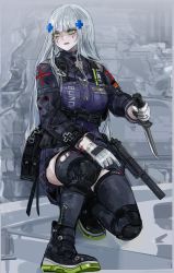 Rule 34 | 1girl, black thighhighs, blood, blood on face, breasts, commentary, english commentary, facial mark, full body, girls&#039; frontline, gloves, green eyes, gun, hair ornament, handgun, highres, hk416 (girls&#039; frontline), holding, holding gun, holding knife, holding weapon, jacket, knee pads, kneeling, knife, large breasts, long hair, long sleeves, nslacka, purple jacket, shoes, silver hair, solo, suppressor, thighhighs, torn clothes, torn thighhighs, weapon, white gloves