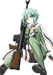 Rule 34 | 1girl, anti-materiel rifle, black gloves, black shorts, blue hair, bolt action, breasts, cleavage, fingerless gloves, gloves, green eyes, green jacket, green legwear, gun, hair ornament, hairclip, holding, holding gun, holding weapon, invisible chair, jacket, looking at viewer, natsuzakura yuuki, open clothes, open jacket, pgm hecate ii, rifle, scarf, short hair with long locks, short shorts, shorts, sidelocks, simple background, sinon, sitting, small breasts, sniper rifle, solo, sword art online, weapon, white background, white scarf