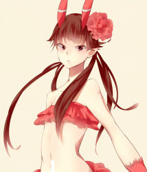 Rule 34 | 10s, 1girl, bad id, bad pixiv id, bare shoulders, brown hair, c (control), flower, hair flower, hair ornament, hiryoou, horns, long hair, mashu, mashu (control), midriff, pointy ears, red eyes, simple background, solo, strapless, tube top, twintails