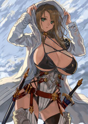 Rule 34 | 1girl, adjusting clothes, armor, belt, belt skirt, bikini, bikini top only, black bikini, breasts, brown hair, cleavage, cleavage cutout, cloak, clothing cutout, coat, day, covered erect nipples, garter straps, green eyes, highres, hood, hooded cloak, large breasts, long hair, long sleeves, looking at viewer, open clothes, open coat, original, ran&#039;ou (tamago no kimi), sky, solo, standing, swimsuit, sword, thighhighs, thighs, weapon