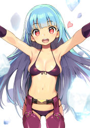 Rule 34 | 1girl, armpits, bikini, blue hair, blush, breasts, chaps, cleavage, gloves, kula diamond, large breasts, long hair, looking at viewer, navel, onono imoko, open mouth, outstretched arms, red eyes, smile, solo, spread arms, swimsuit, the king of fighters
