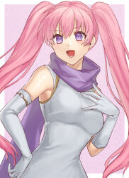 Rule 34 | 1girl, :d, asymmetrical gloves, bare shoulders, border, breasts, commentary request, dress, elbow gloves, fire emblem, fire emblem: the blazing blade, gloves, hazuki (nyorosuke), long hair, looking at viewer, medium breasts, nintendo, open mouth, outside border, pink hair, purple background, purple eyes, purple scarf, scarf, serra (fire emblem), sleeveless, sleeveless dress, smile, solo, upper body, very long hair, white border, white dress, white gloves