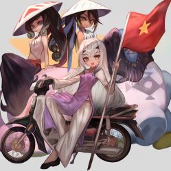 3girls absurdres ao_dai black_hair black_skirt blue_hair breasts crop_top dark-skinned_female dark_skin fate/grand_order fate_(series) flag forked_eyebrows green_eyes green_hair hair_between_eyes hat highres ichimegasa long_hair long_skirt looking_at_viewer m0_chi melusine_(fate) midriff motor_vehicle motorcycle multicolored_hair multiple_girls navel open_mouth sash shirt sidelocks single_sleeve skirt small_breasts smile streaked_hair swept_bangs tassel trung_nhi_(fate) trung_nhi_(second_ascension)_(fate) trung_trac_(fate) trung_trac_(second_ascension)_(fate) vietnamese_clothes vietnamese_flag wavy_hair white_hair white_hat white_shirt yellow_eyes