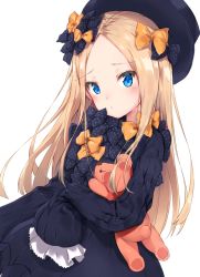Rule 34 | 1girl, :t, abigail williams (fate), black bow, black dress, black hat, blonde hair, blue eyes, blush, bow, bug, butterfly, closed mouth, dress, fate/grand order, fate (series), forehead, hair bow, hat, head tilt, highres, hugging object, insect, long hair, long sleeves, looking at viewer, minikon, orange bow, parted bangs, polka dot, polka dot bow, pout, simple background, sleeves past fingers, sleeves past wrists, solo, stuffed animal, stuffed toy, teddy bear, very long hair, white background