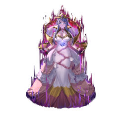 Rule 34 | 1girl, absurdres, aura, blue eyes, blue hair, breasts, cleavage, crown, dark aura, dragonstone, dress, fire emblem, fire emblem engage, fire emblem heroes, frilled dress, frills, highres, large breasts, long dress, long hair, looking at viewer, lumera (fire emblem), nintendo, official art, smile, solo, straight-on, tachi-e, takubon, undead, white background, white dress