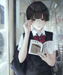 Rule 34 | 1girl, adjusting eyewear, androgynous, bag, black hair, black jacket, book, bow, brown eyes, commentary request, glasses, holding, holding book, jacket, kaoming, looking at viewer, original, parted lips, red bow, shirt, short hair, short sleeves, solo focus, train, white shirt
