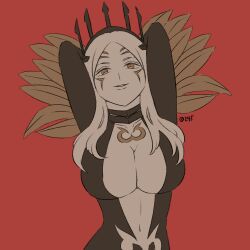 Rule 34 | 1girl, @245, arms behind back, aversa (fire emblem), breasts, cleavage, facial tattoo, feathers, fire emblem, fire emblem awakening, hood, hoodie, large breasts, looking at viewer, navel, nintendo, red background, solo, tattoo, white hair, wide hips