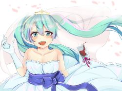 Rule 34 | 1girl, absurdly long hair, anniversary, aqua eyes, aqua hair, artist name, artist request, bare shoulders, blue bow, blue eyes, blue hair, blush, bow, breasts, cleavage, cup, dress, drinking glass, female focus, gloves, hatsune miku, highres, holding, holding drinking glass, long hair, looking at viewer, parted lips, petals, smile, solo, tiara, twintails, very long hair, vocaloid, white dress, white gloves
