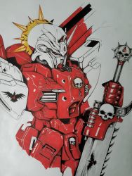 Rule 34 | auri (aurimas jucy), chainsaw, commentary, english commentary, gundam, highres, marker (medium), mecha, mecha request, mobile suit, no humans, red eyes, robot, skull, solo, spikes, sword, traditional media, v-fin, warhammer 40k, weapon, white background